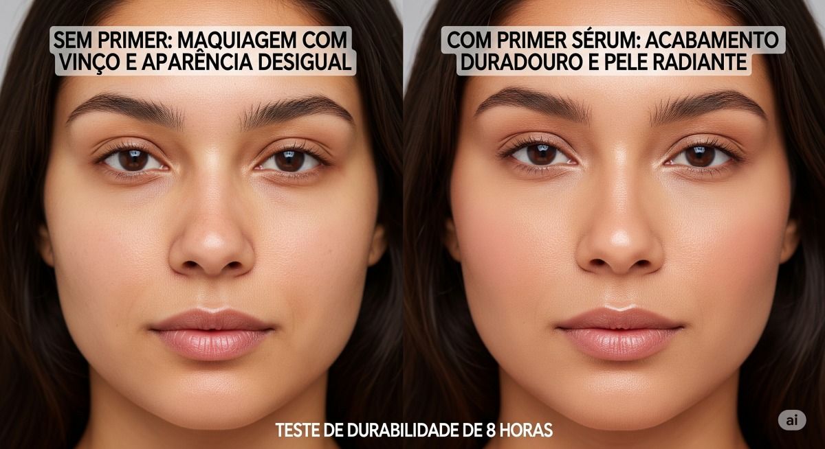 Comparação da pele com e sem o uso de sérum primer, mostrando a durabilidade e o acabamento da maquiagem