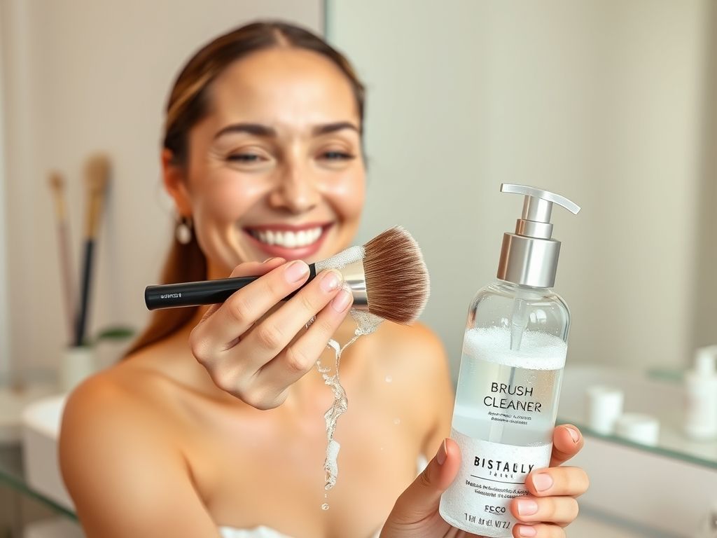 Influenciadora de beleza demonstrando o uso do limpador de pincéis Real Techniques em sua penteadeira.