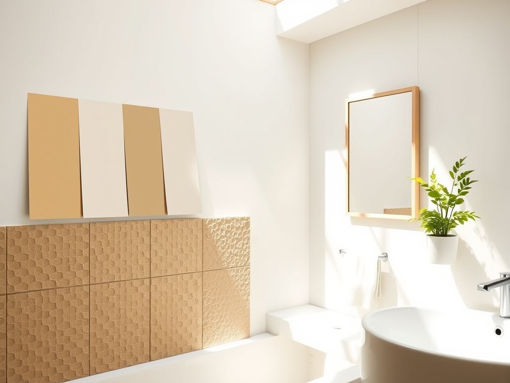 Mood board inspirador para renovação de banheiro com amostras de cores neutras, azulejo texturizado, espelho simples e planta pequena.