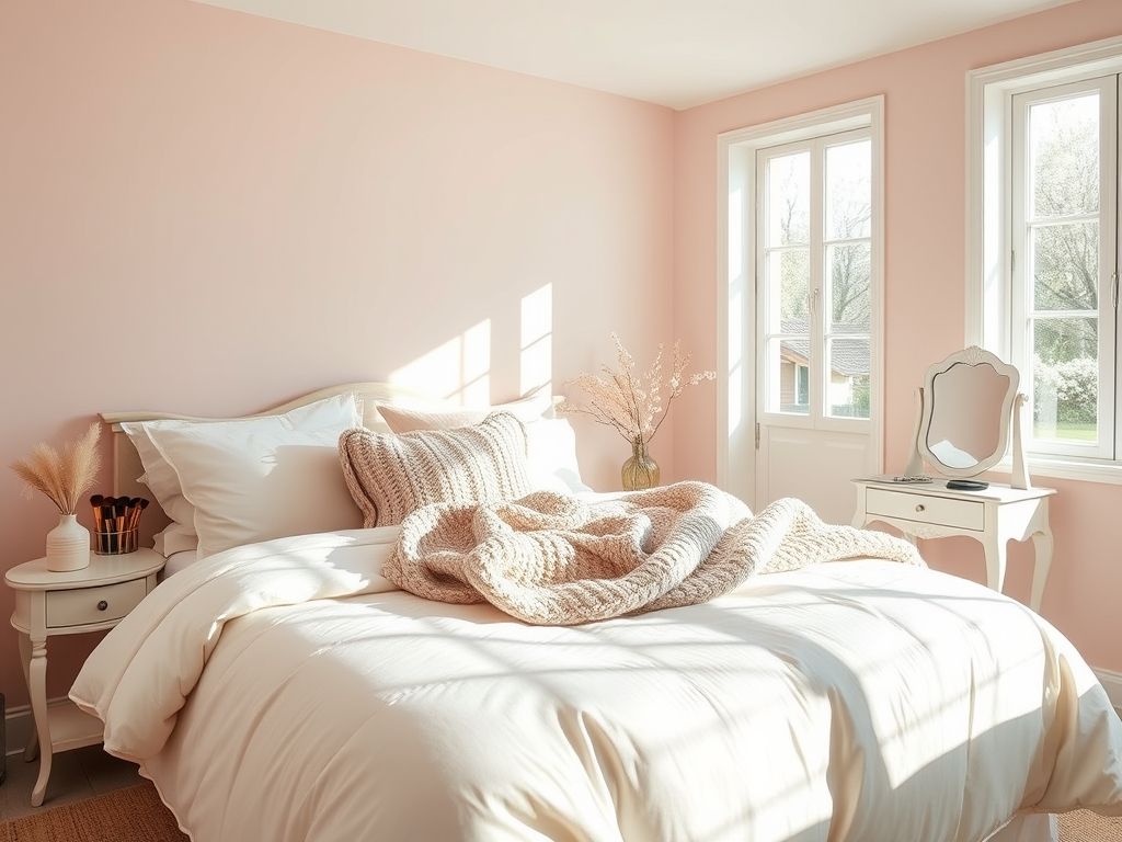 Quarto feminino com paredes rosa pastel, cama confortável, penteadeira e luz natural.