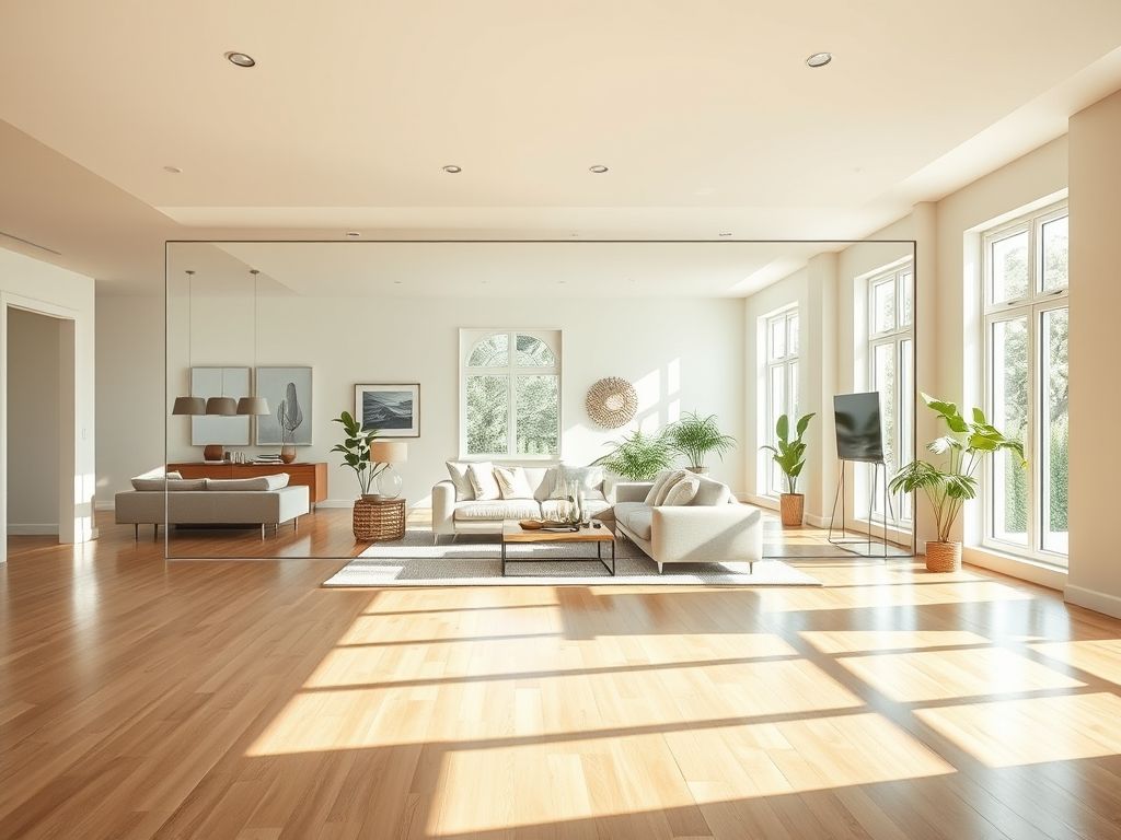 Sala de estar clara e arejada com um espelho retangular grande ampliando visualmente o espaço.