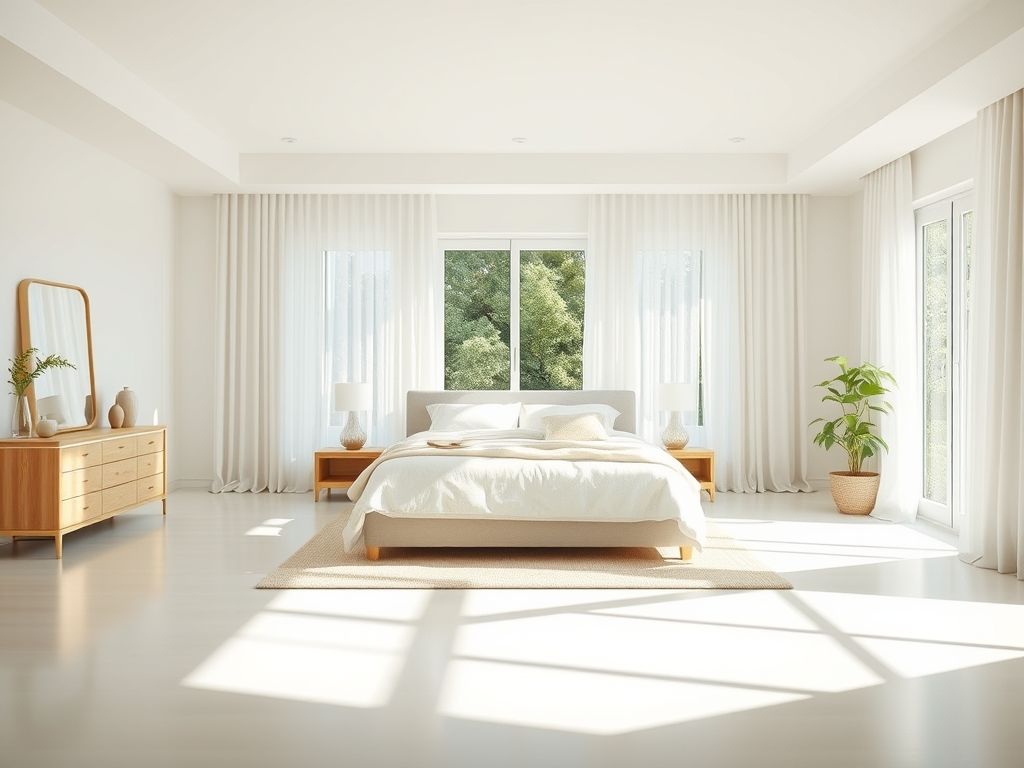 Quarto de casal planejado com marcenaria inteligente, destacando a organização e o design clean.