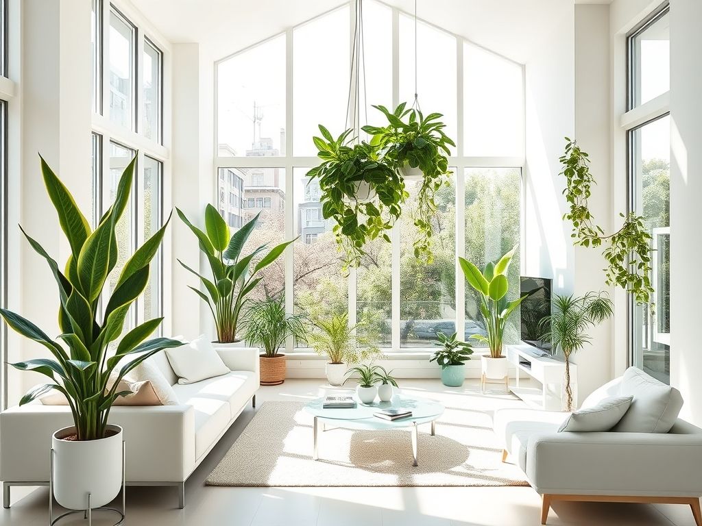 Sala de estar de apartamento moderna e bem iluminada com diversas plantas de interior que purificam o ar, incluindo Espada-de-São-Jorge, Jiboia e Lírio-da-Paz.