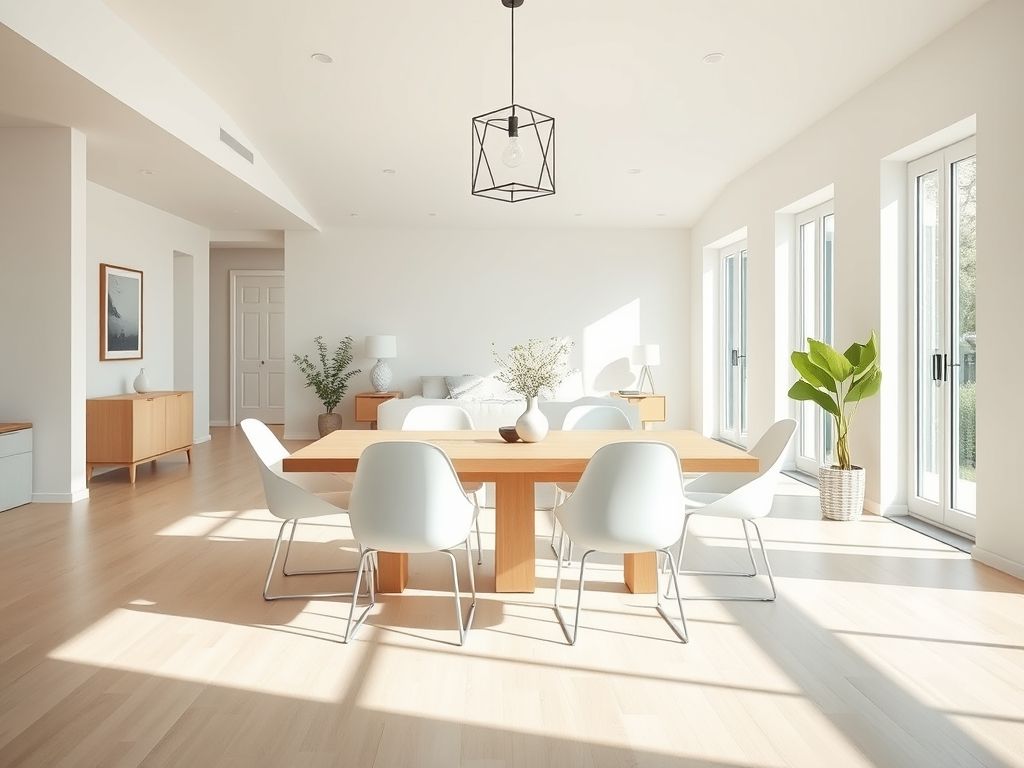 Sala de jantar moderna com estilo minimalista, mesa de madeira clara e cadeiras brancas.