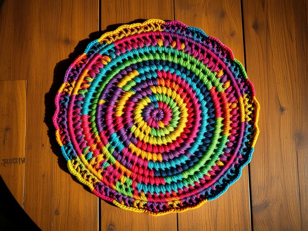 Sousplat de crochê fio de malha colorido com um prato de salada em cima, sobre uma mesa de madeira rústica.