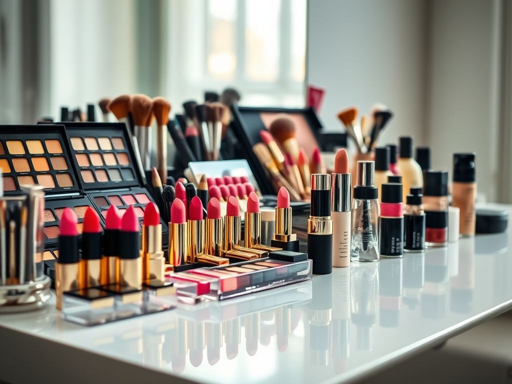 Penteadeira organizada com maquiagens dispostas em organizadores de acrílico transparentes.