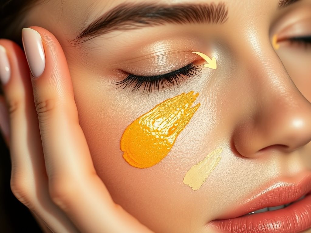 Uso de corretivos coloridos para neutralizar diferentes imperfeições da pele: verde para vermelhidão, amarelo para olheiras arroxeadas e laranja/salmão para olheiras azuladas.