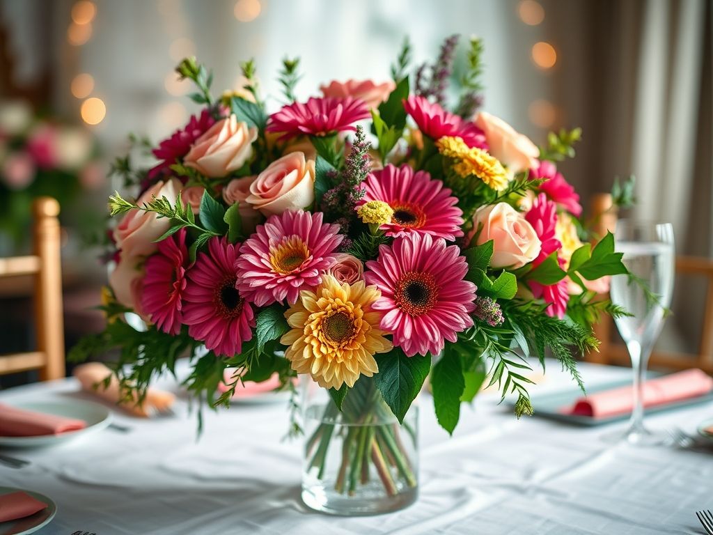 Arranjo de flores frescas em um vaso de vidro como centro de mesa em uma festa de aniversário.