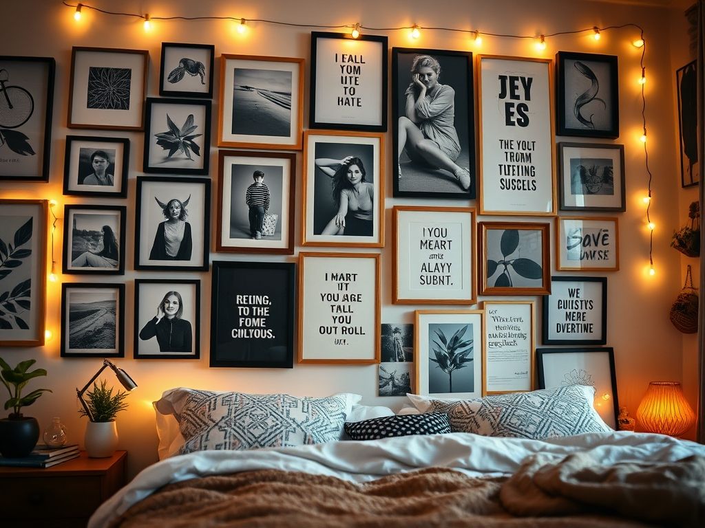 Parede decorada com fotos, quadros e luzes em um quarto feminino.