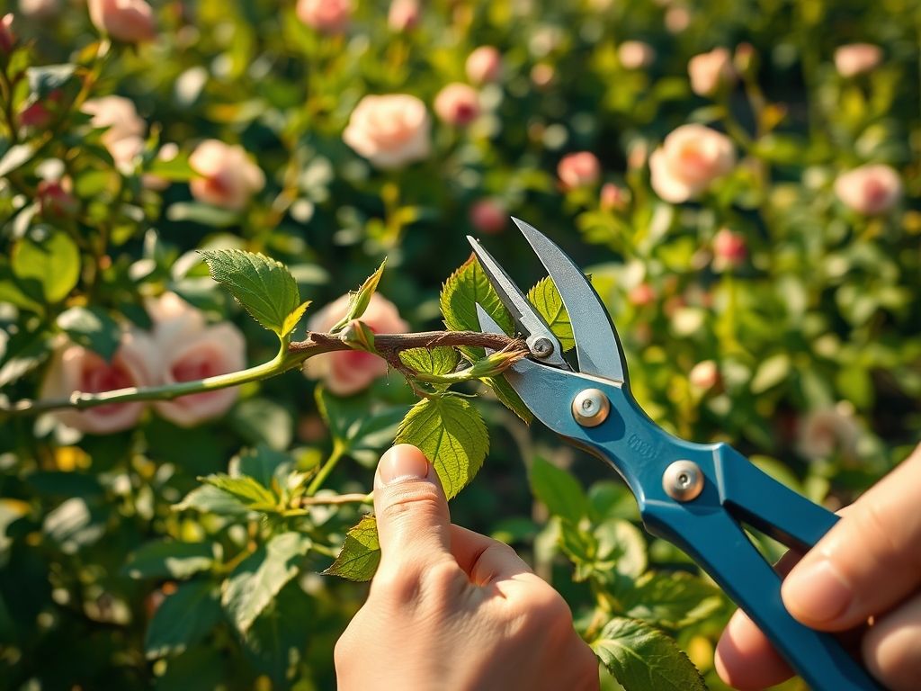Pessoa cortando uma estaca de um ramo de roseira com tesouras de poda.