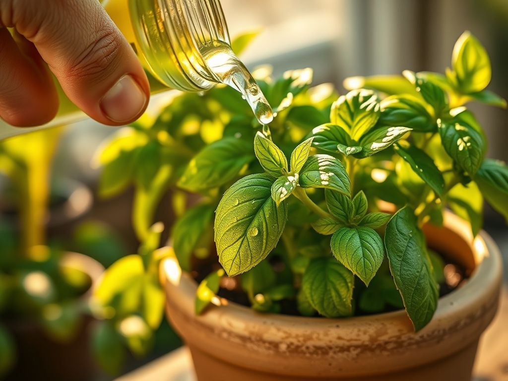 Regando uma planta de manjericão em um vaso.
