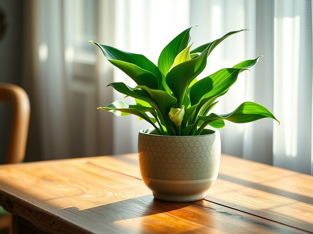 Um close-up de um Copo de Leite verde vibrante em um vaso de cerâmica perto de uma janela com luz suave.