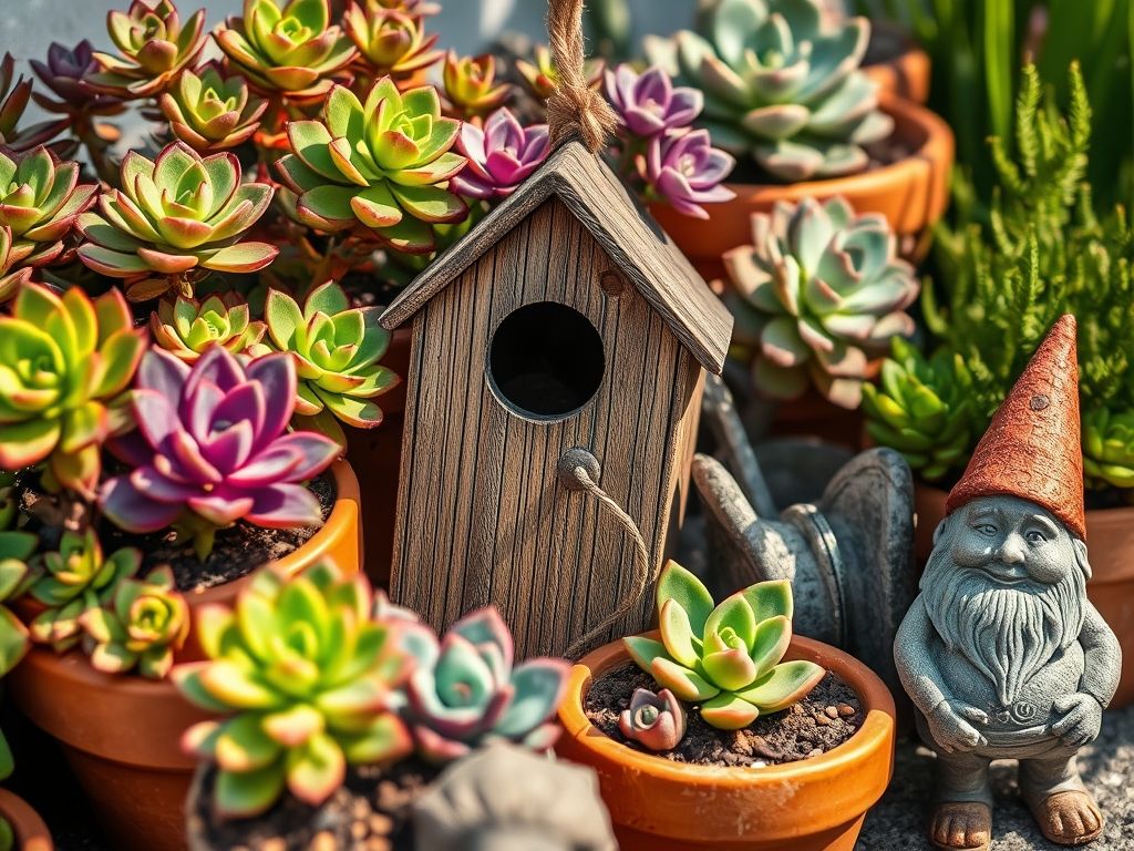 Detalhe de acessórios de jardim como vasos de terracota com suculentas, uma casinha de passarinho rústica de madeira e uma pequena estátua de gnomo, criando um ambiente charmoso e personalizado.