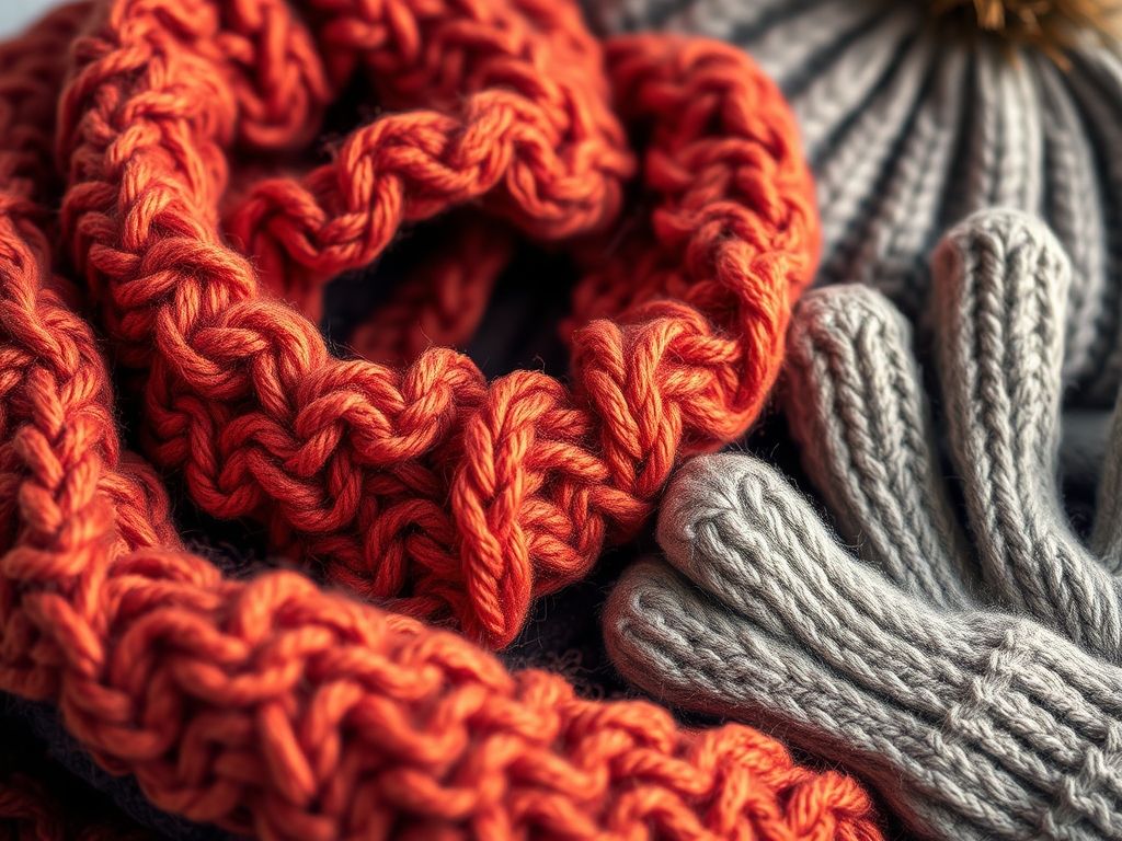 Close-up de acessórios de inverno: cachecol de tricô, gorro e luvas.