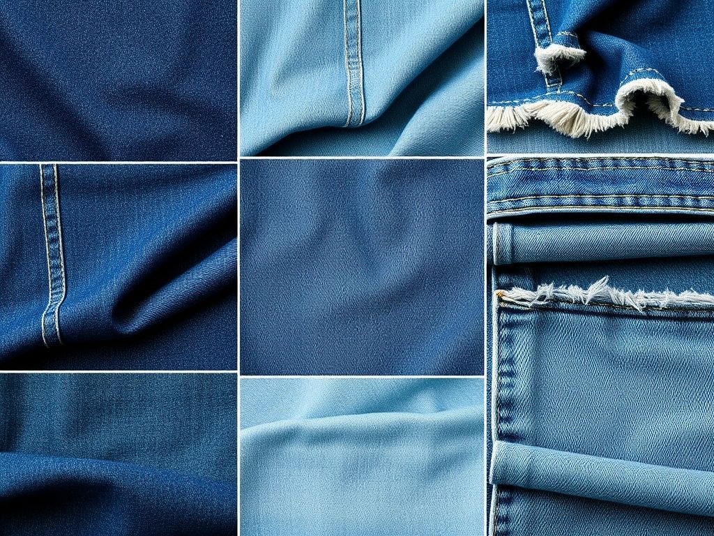 Colagem de diferentes lavagens e texturas de jeans, incluindo lavagem escura, clara, destroyed e denim bruto.