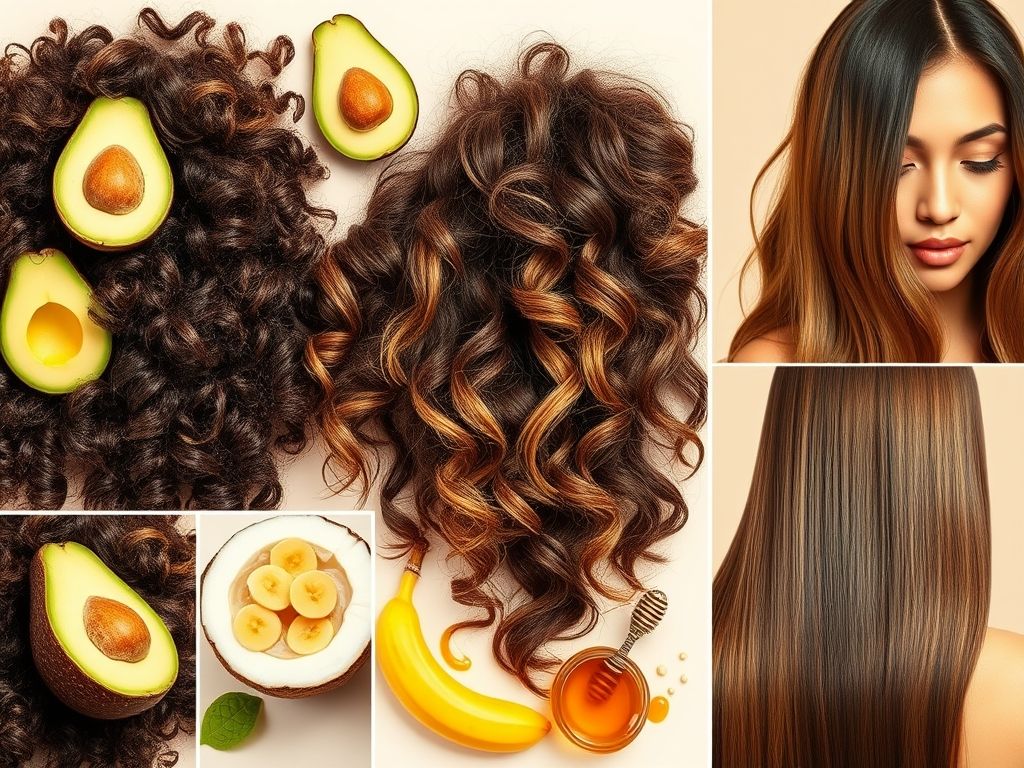 Colagem de diferentes tipos de cabelo com os ingredientes para máscaras capilares caseiras recomendadas.