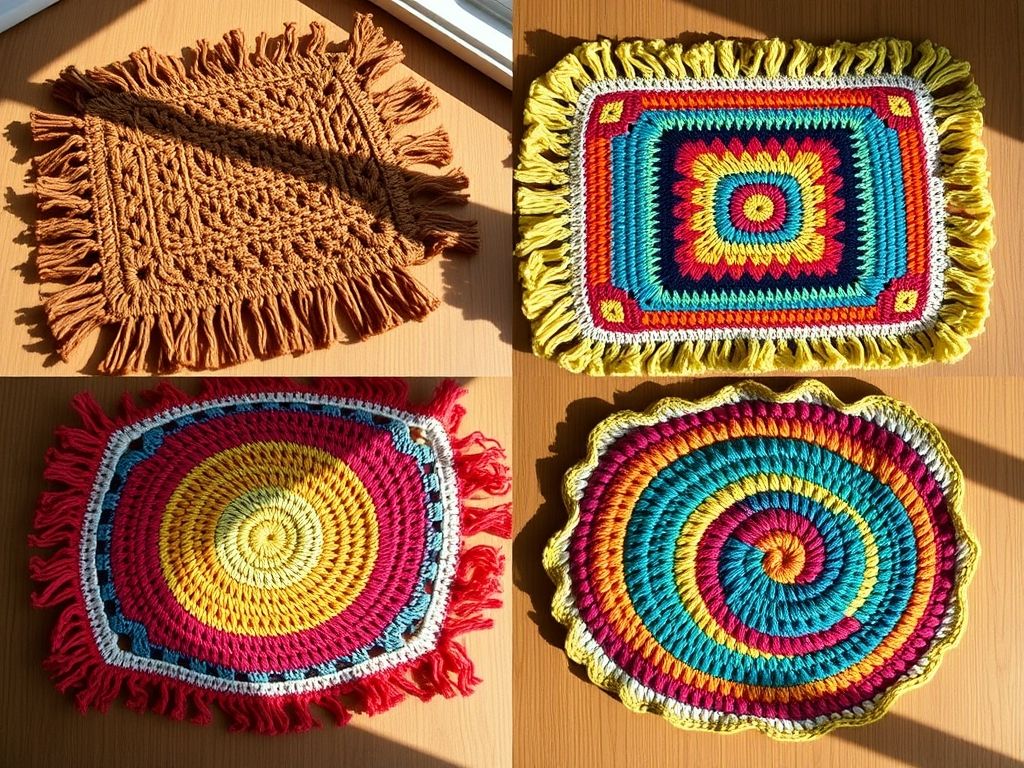 Exemplos de sousplats de crochê fio de malha com diferentes designs: texturizado, com franjas, patchwork e simples.