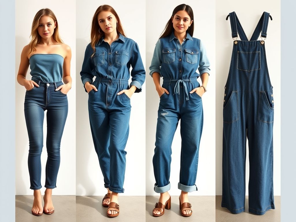 Colagem mostrando quatro estilos diferentes de macacão jeans: skinny, wide leg, pantacourt e jardineira.