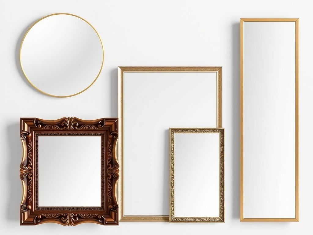 Colagem de quatro tipos diferentes de espelhos: redondo, retangular, quadrado e de corpo inteiro.