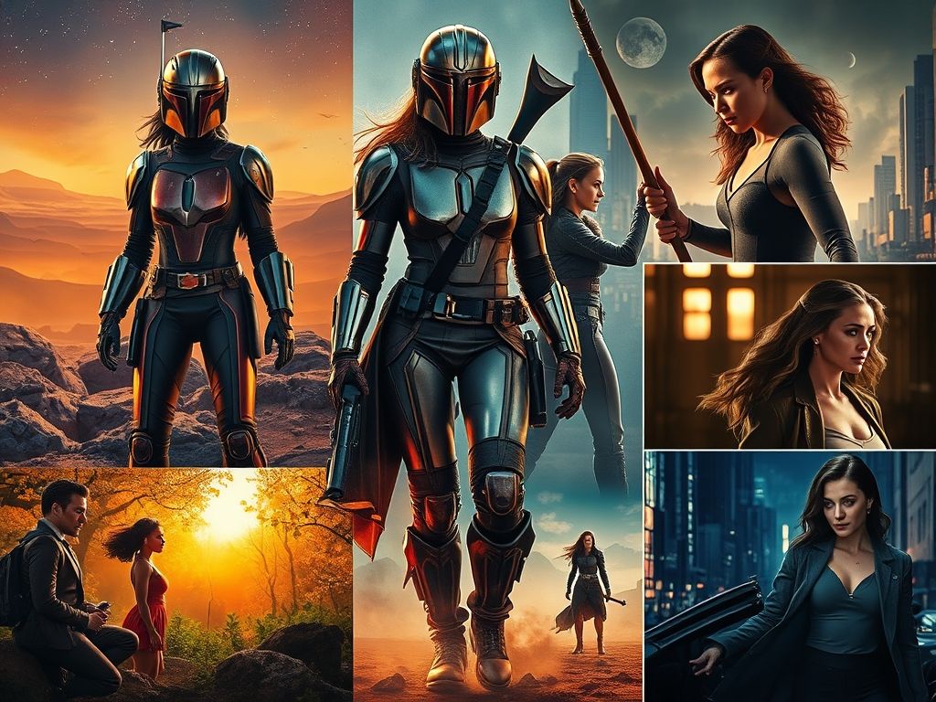 Colagem de imagens representando séries de diferentes gêneros com protagonistas femininas fortes: ficção científica, suspense e comédia.