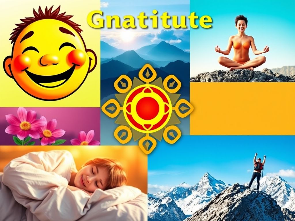 Colagem de imagens ilustrando os benefícios da gratidão, como felicidade, relaxamento, saúde e resiliência.