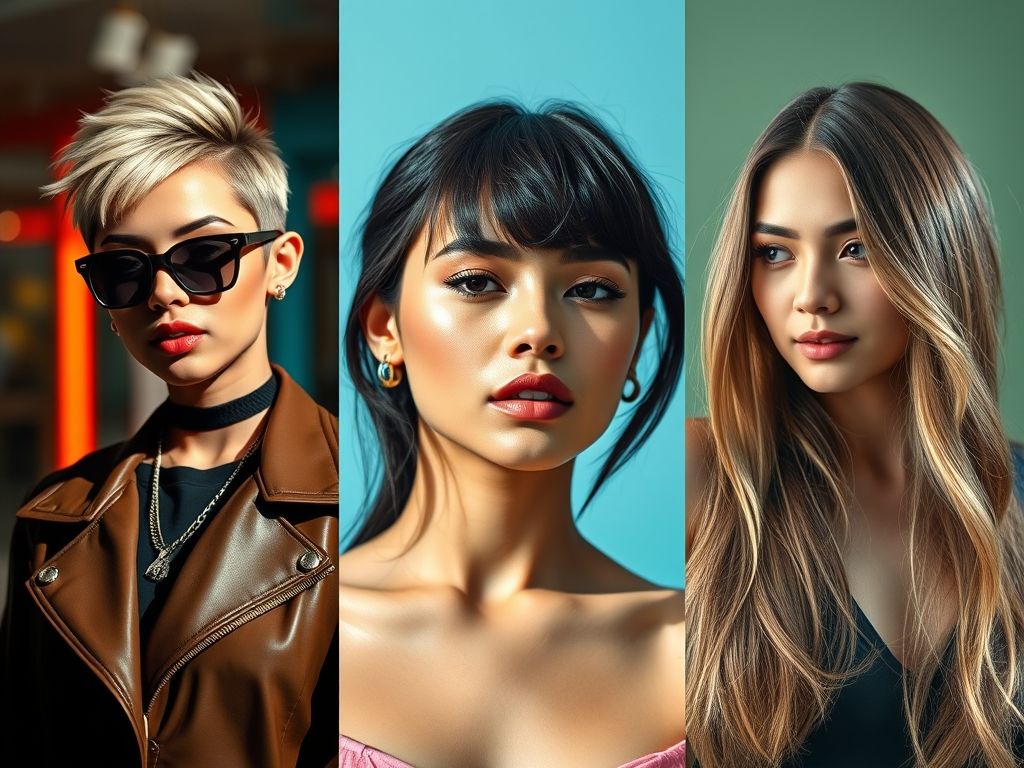 Colagem com três imagens: mulher com pixie cut moderno e confiante; mulher com cabelo longo ondulado e romântica; close-up da textura e saúde dos dois tipos de cabelo.