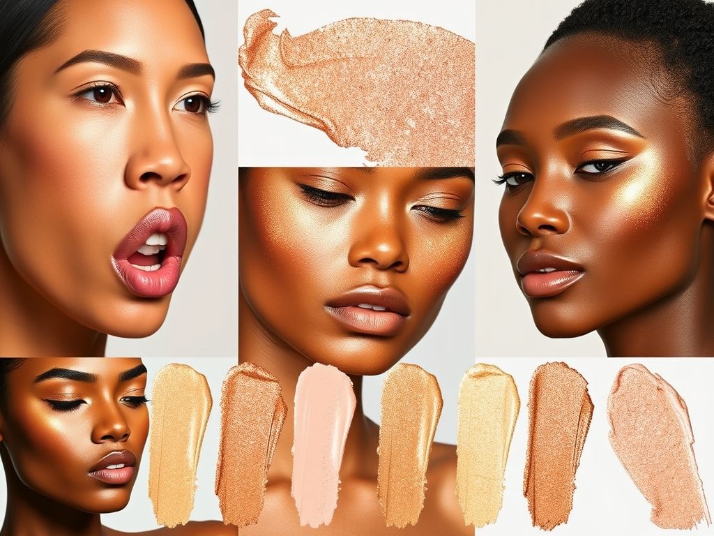 Colagem mostrando diferentes tons de iluminador líquido em diversos tons de pele: clara, morena e negra.