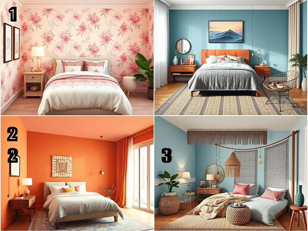 Colagem mostrando quatro estilos de decoração de quarto: romântico, moderno, boho chic e minimalista.