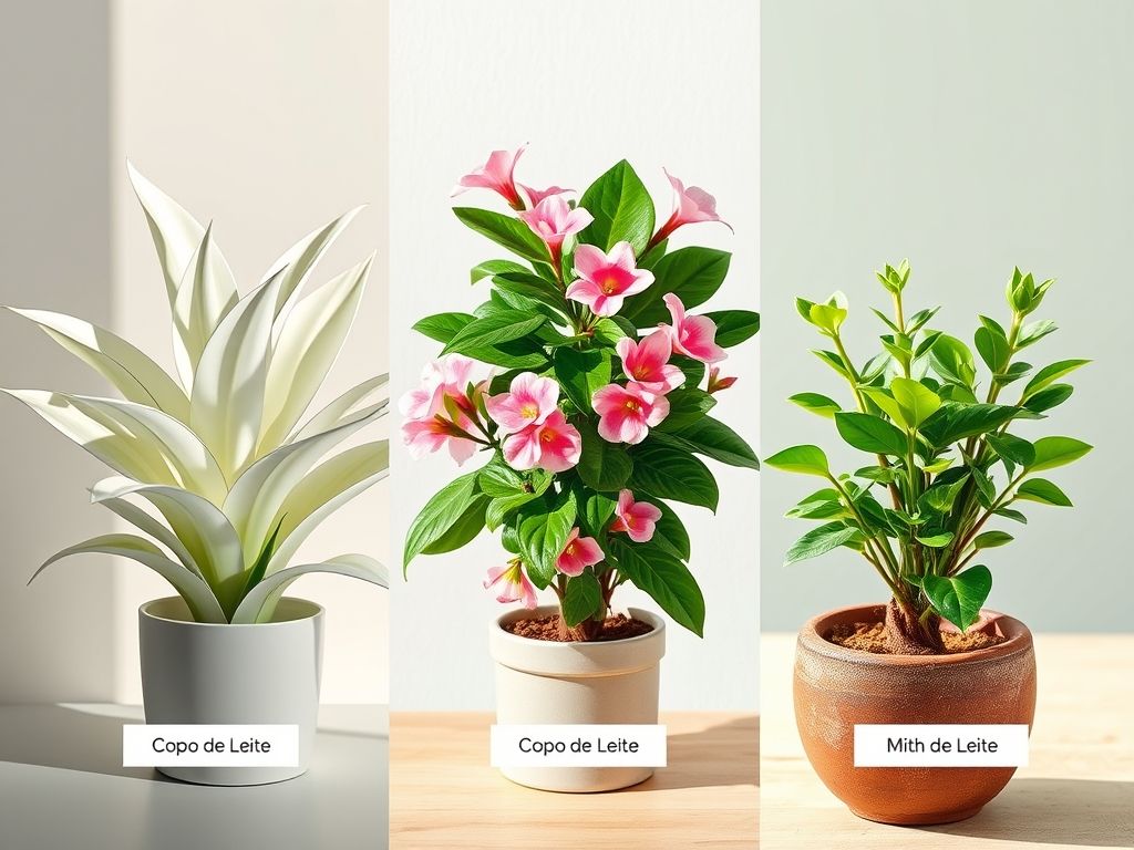 Colagem mostrando três tipos diferentes de Copo de Leite: branco, rosa e mini.