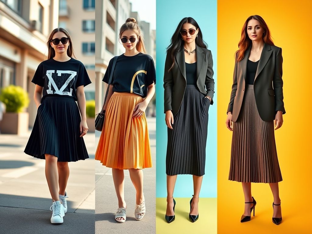 Colagem mostrando quatro looks diferentes com saia midi plissada: casual, chique, elegante e boêmio.