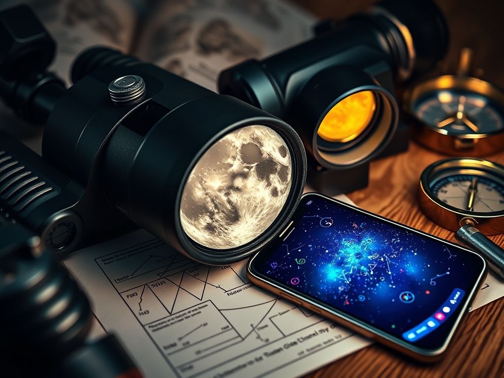 Colagem mostrando binóculos, um aplicativo de astronomia em um celular e um telescópio, ferramentas para observar as estrelas.