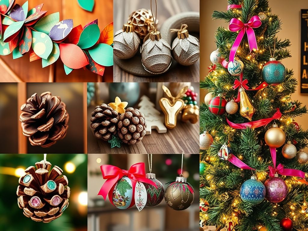 Colagem colorida mostrando várias ideias de decoração de Natal DIY com materiais reciclados.