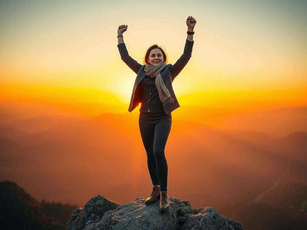 Mulher confiante no topo de uma montanha, celebrando o sucesso.