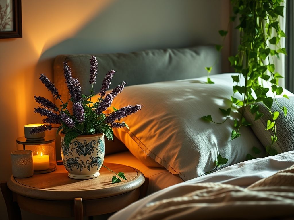 Quarto aconchegante e convidativo com plantas que promovem o relaxamento e um sono melhor, incluindo lavanda em um vaso decorativo e Hera Inglesa pendurada em uma estante.