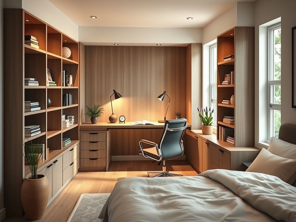 Cantinho de trabalho planejado integrado ao quarto de casal, com escrivaninha e prateleiras.