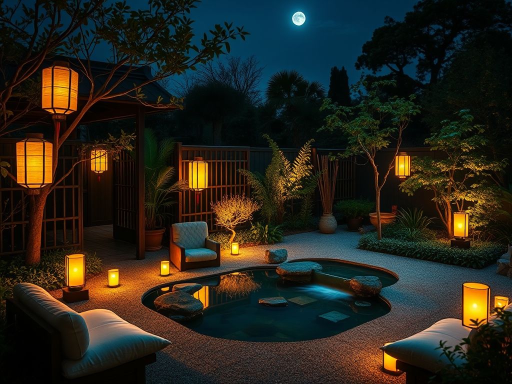 Um aconchegante jardim zen à noite com iluminação suave fornecida por lanternas japonesas e velas. A cena inclui uma pequena fonte de água com água corrente suave e assentos confortáveis para relaxamento.