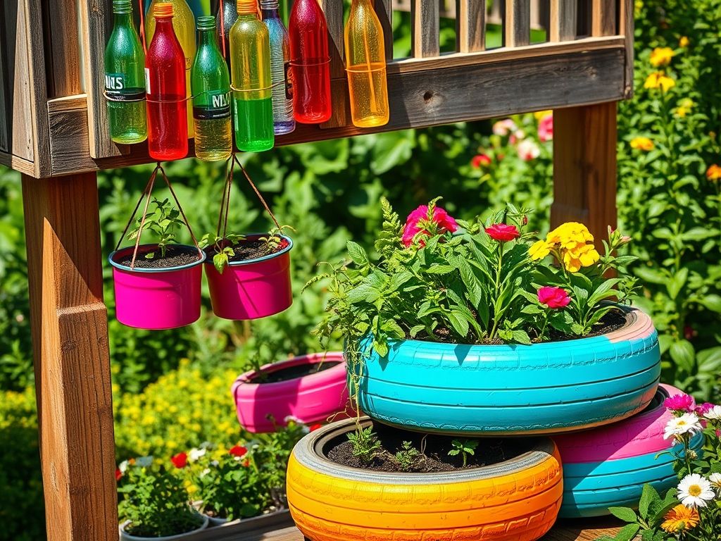 Um projeto de reciclagem criativa no jardim com vasos feitos de garrafas PET coloridas e um jardim de ervas plantado em pneus pintados, demonstrando sustentabilidade e criatividade.