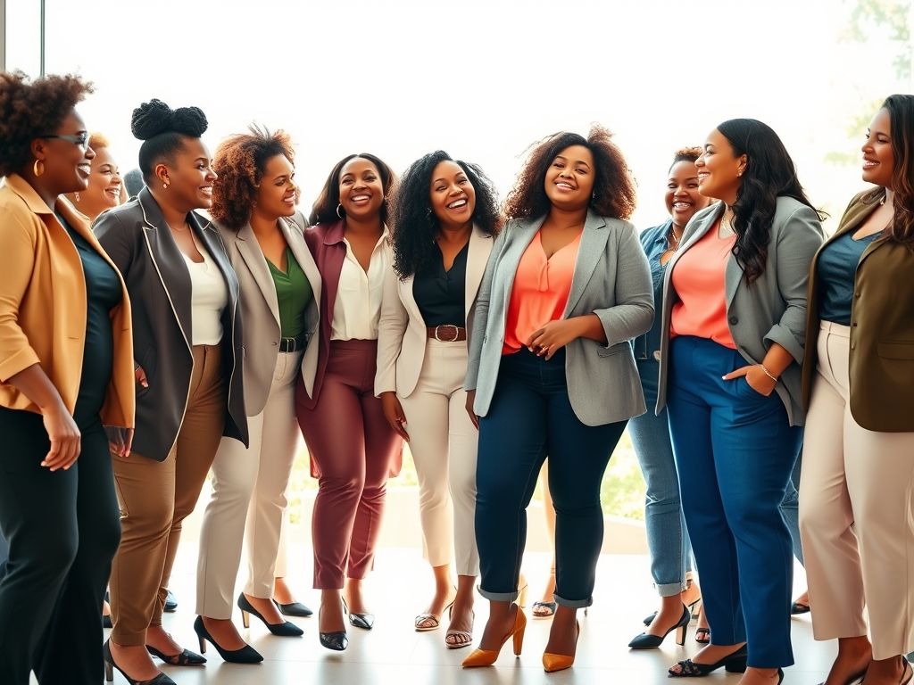 Mulheres plus size diversas e confiantes vestindo roupas estilosas em diferentes ocasiões.