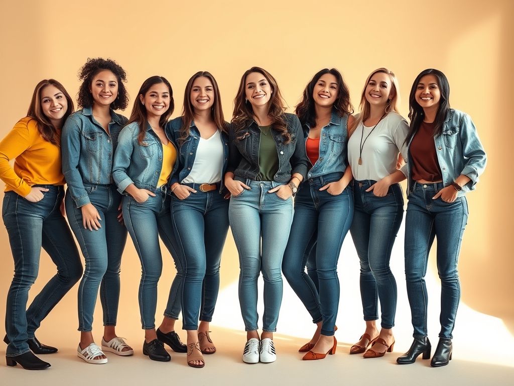 Mulheres diversas mostrando diferentes tipos de corpo usando calças jeans que valorizam suas silhuetas.