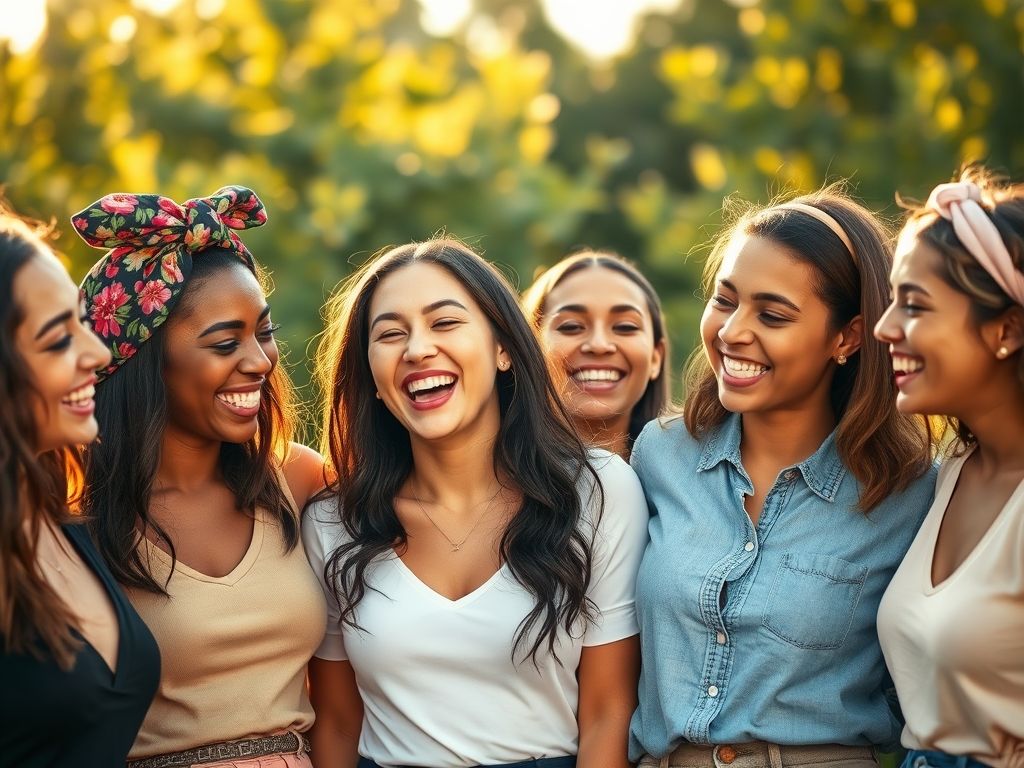 Quatro jovens mulheres sorrindo e usando diferentes estilos de tiaras: uma com estampa floral, outra com nó, uma metálica com detalhes e outra turbante com estampa vibrante.