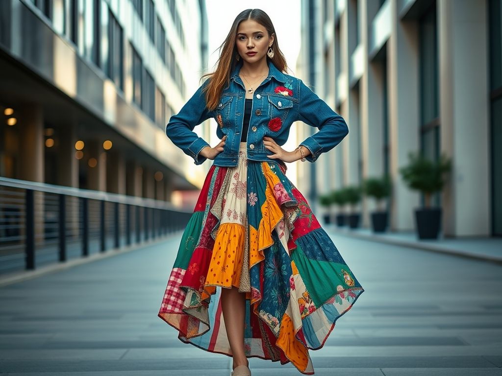 Blogueira de moda posando com um look estiloso de roupas customizadas, incluindo saia de patchwork e jaqueta jeans bordada.