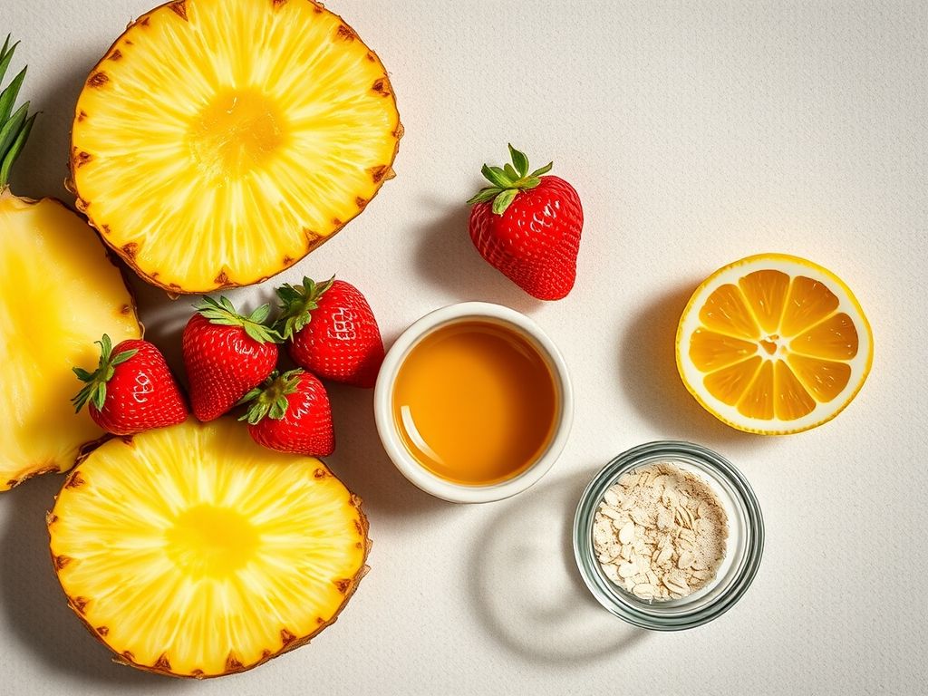 Composição de ingredientes naturais para peeling caseiro, incluindo abacaxi, morangos, mel e iogurte.