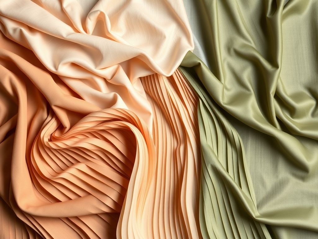 Composição flat lay mostrando amostras de tecidos diferentes para saias midi plissadas: viscose, linho, seda e algodão.