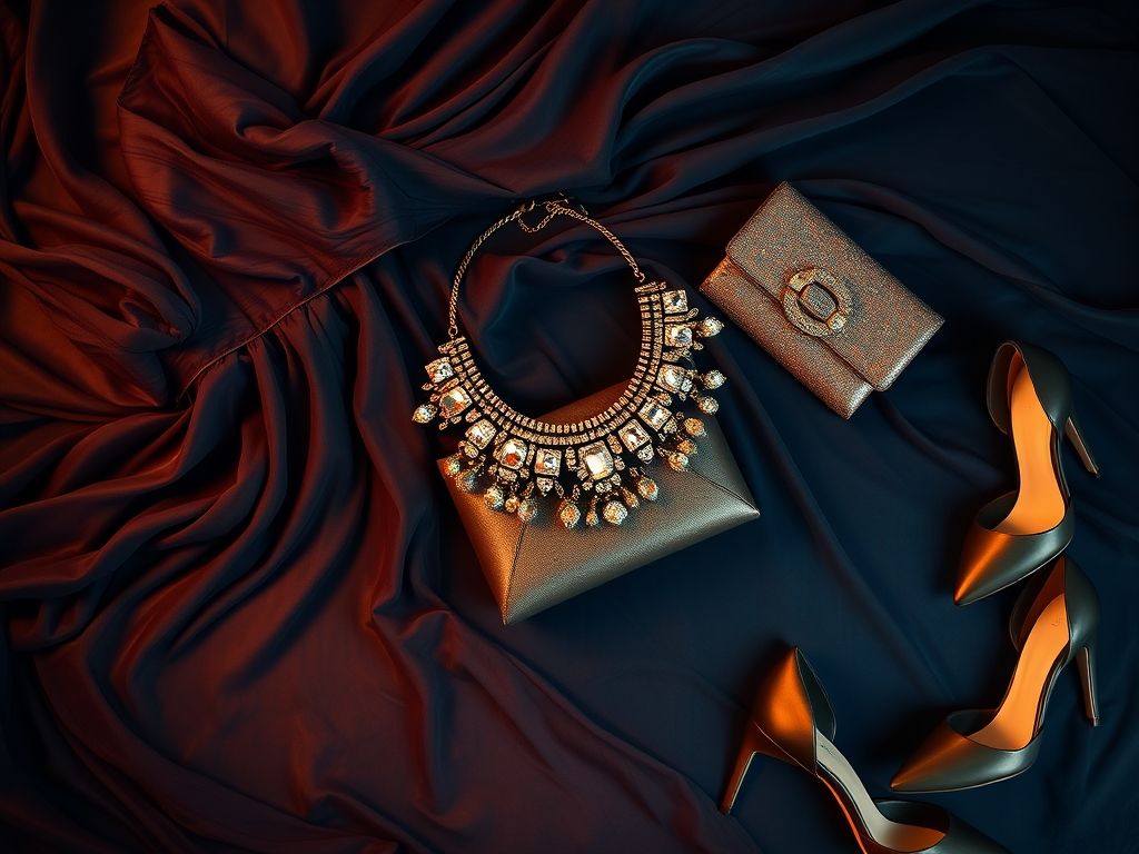 Imagem flat lay mostrando roupas e acessórios plus size para festa.