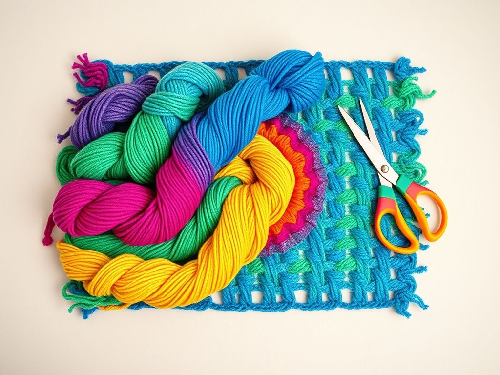 Materiais necessários para fazer um sousplat de crochê fio de malha: fios coloridos, agulha de crochê, tesoura e agulha de tapeçaria.