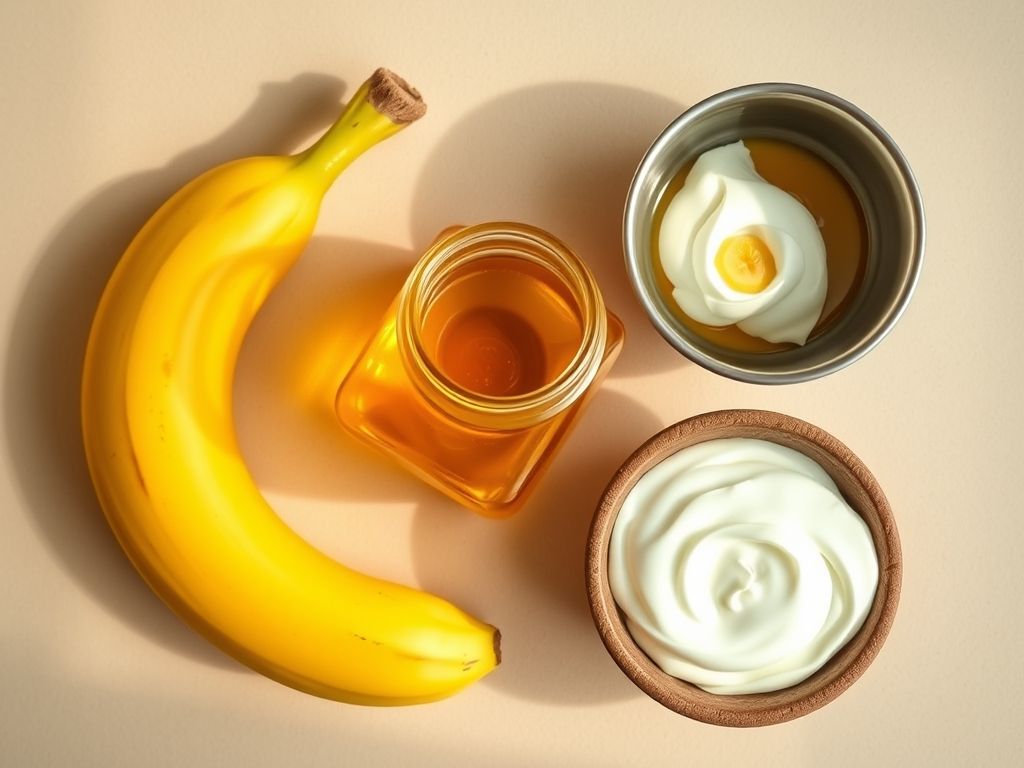 Ingredientes para uma máscara capilar caseira de banana e mel: banana, mel e iogurte.