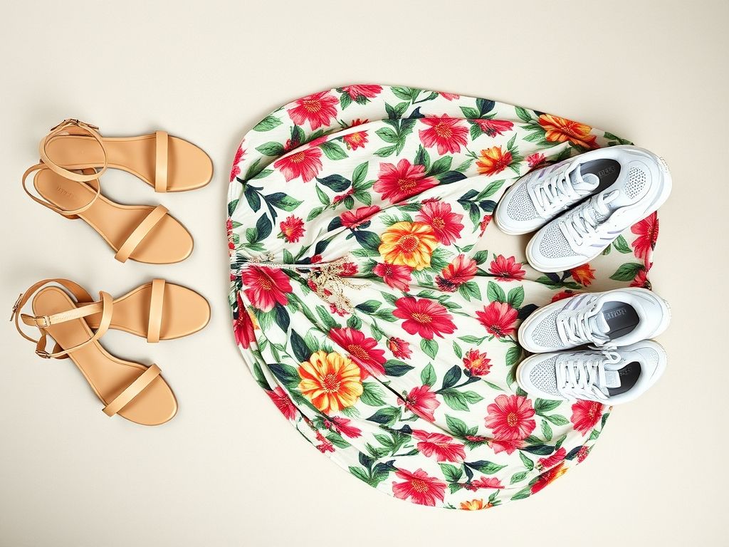 Sugestões de calçados para combinar com vestido midi estampado: sandálias e tênis.