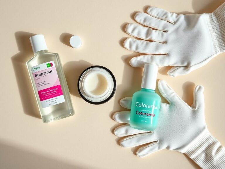 Imagem com diversos produtos para o cuidado das unhas: Bepantol Derma, óleo de coco, esmalte hipoalergênico Colorama e luvas de proteção.