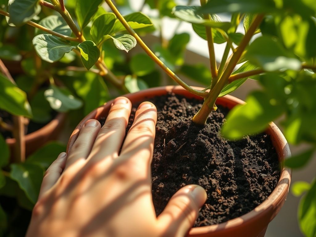 Uma mão pressionando suavemente um dedo na terra de um vaso de planta para verificar a umidade.