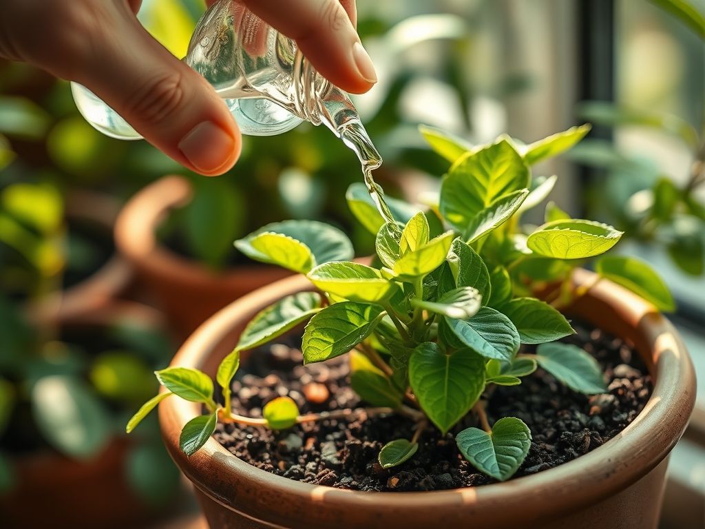 Uma mão regando gentilmente um Copo de Leite em um vaso com solo bem drenado.